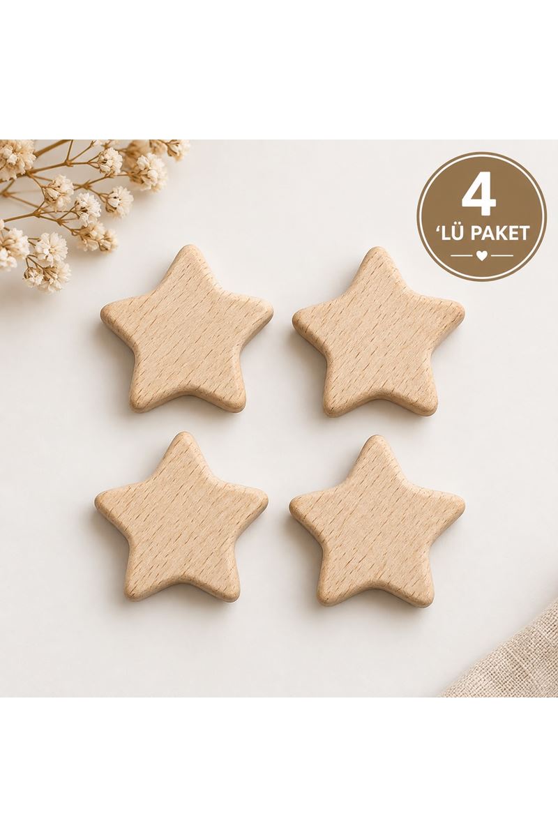 Ahşap Emzik Zincir Boncuğu Yıldız 4'lü paket