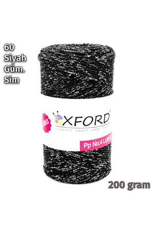 Oxford No:4 200 gram Simli Lurex Makrome - Siyah - Gümüş Sim - 60